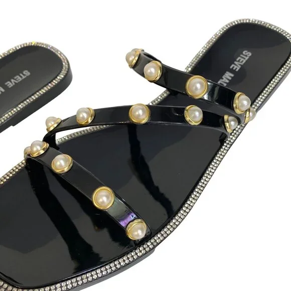 Steve Madden Black Pearl-Studded Flat Sandals With Rhinestone Trim Womens Size 9 - Picture 5 of 11